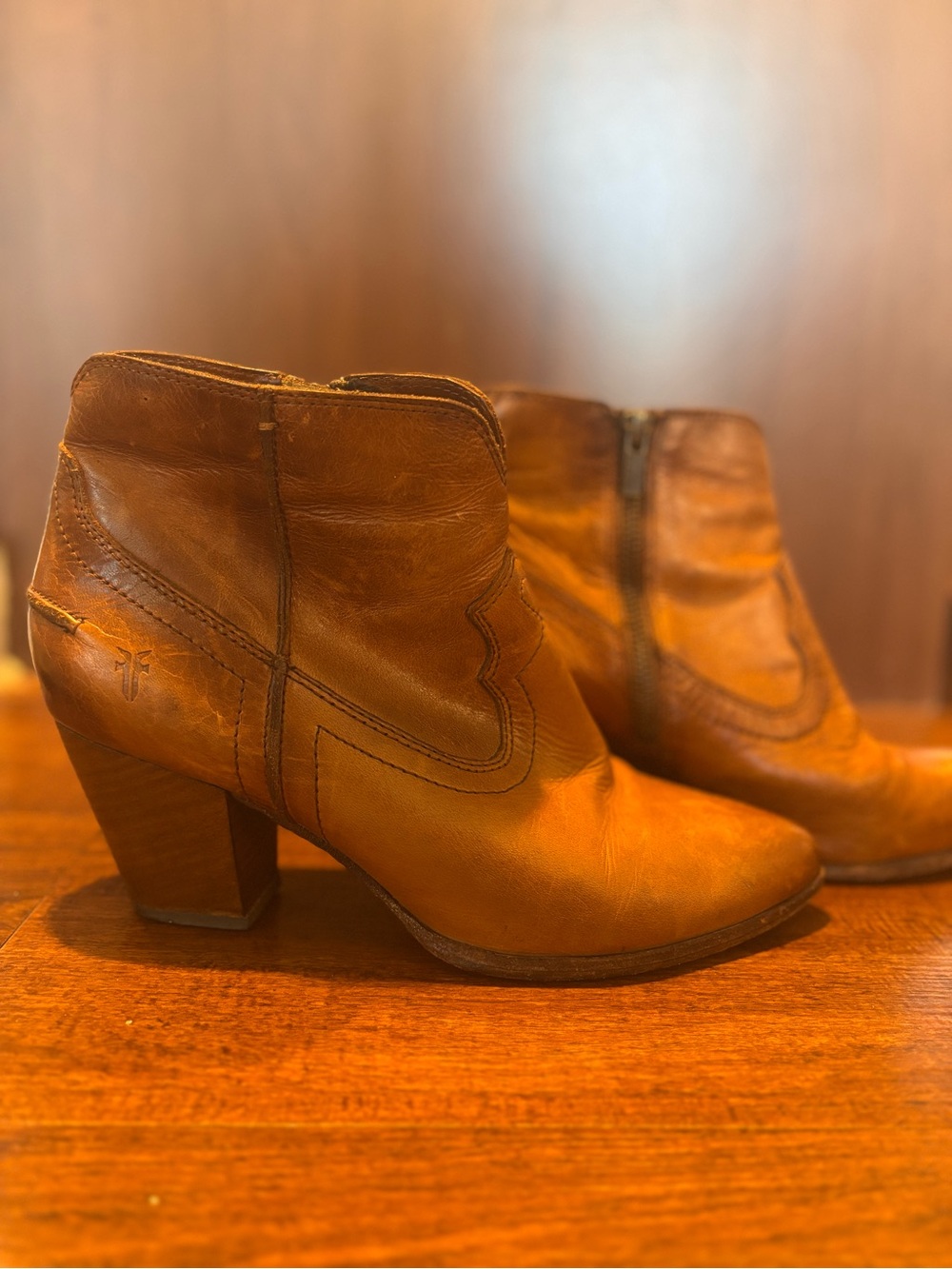 Frye Cognac Leather Pointed-Toe Ankle Booties